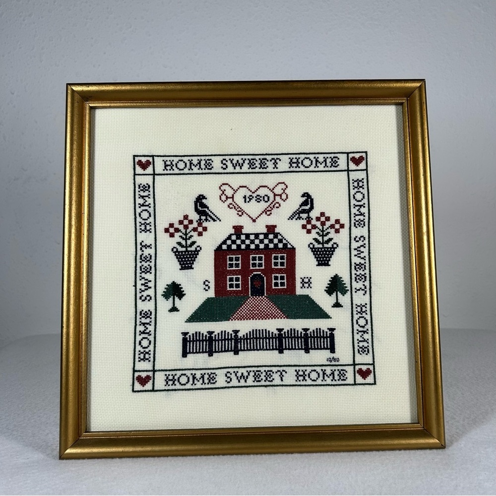Vintage Needlepoint Cross Stitch Framed HOME SWEET HOME